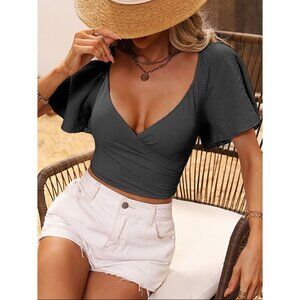 Black Large Solid Plunging Neck Butterfly Sleeve Crop Top